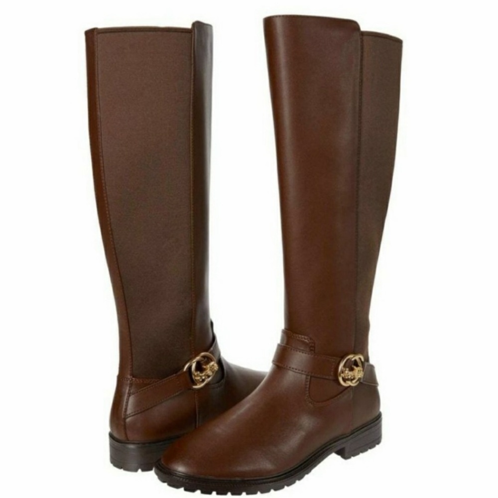 COACH Farrah Brown Wide Calf Riding Boots leather knee